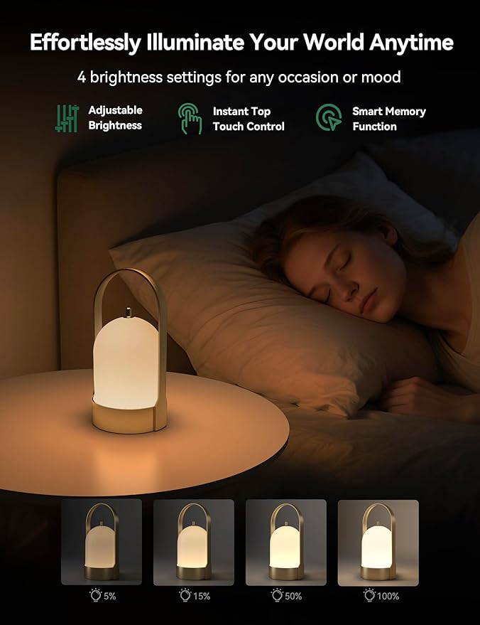 Tubicen Portable Lamp, Battery Operated Cordless Outdoor Table Lamps Rechargeable 4-Level Touch Dimmable IP44 Shower Lamp, Night Light for Patio Camping Dining Room Bedroom (Brass, Waterproof)