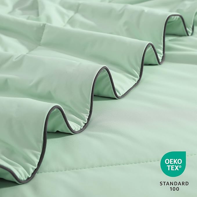 Monbix ChillChilla Cooling Comforter Queen Size-3 Pieces Cooling Blankets for Hot Sleepers and Night Sweats, Double-Sided Summer Queen Comforter Set, Breathable Lightweight Blanket Grey Green