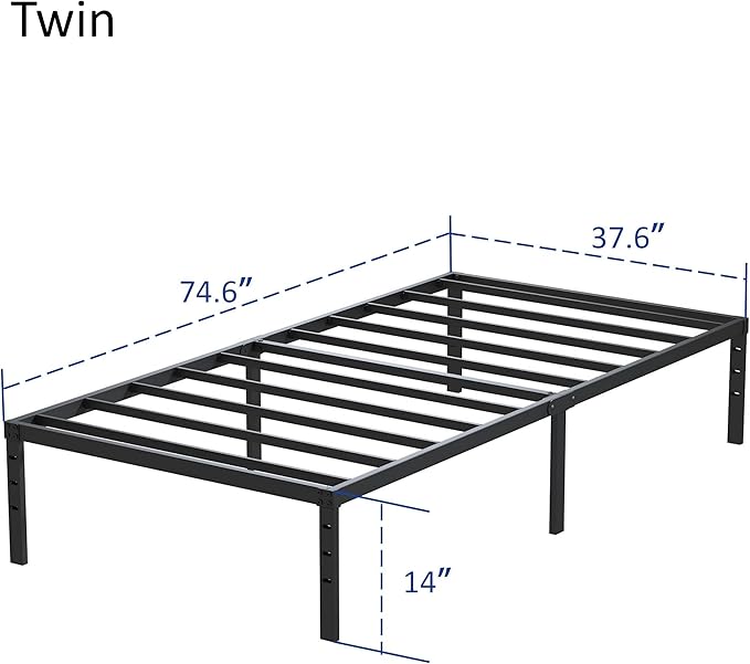 Heavy Duty Twin Bed Frame No Box Spring Needed, 14 Inch Metal Platform Bed Frame Twin Support Up to 2500 lbs, Easy Assembly, Noise Free, Black