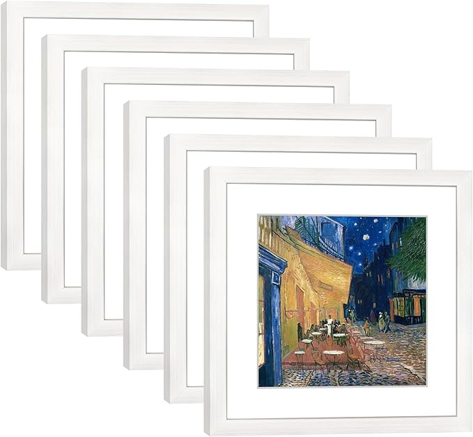 11x11 Picture Frame Set of 6 with Real Glass for Pictures 8x8 with Mat or 11x11 without Mat, Wall Gallery or Tabletop display Photo Frames in White