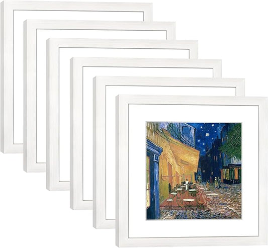 11x11 Picture Frame Set of 6 with Real Glass for Pictures 8x8 with Mat or 11x11 without Mat, Wall Gallery or Tabletop display Photo Frames in White