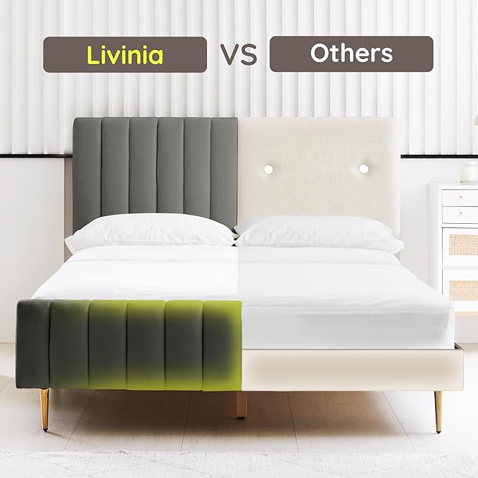 Livinia Twin Size Elton Velvet Platform Bed, Upholstered Bed Frame with Vertical Channel Tufted Headboard Footboard, Strong Wood Slats, No Box Spring Needed, Gray (Twin)