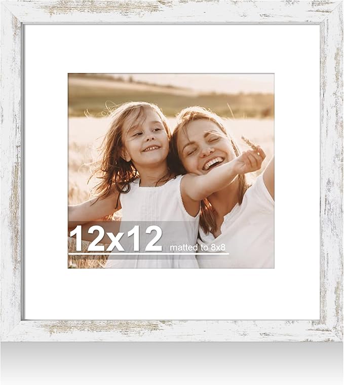 12x12 Picture Frame with Real Glass - 8x8 Wooden Frame with Mat, Horizontal and Vertical Display for Wall or Tabletop (Distressed White, 1 Pack)