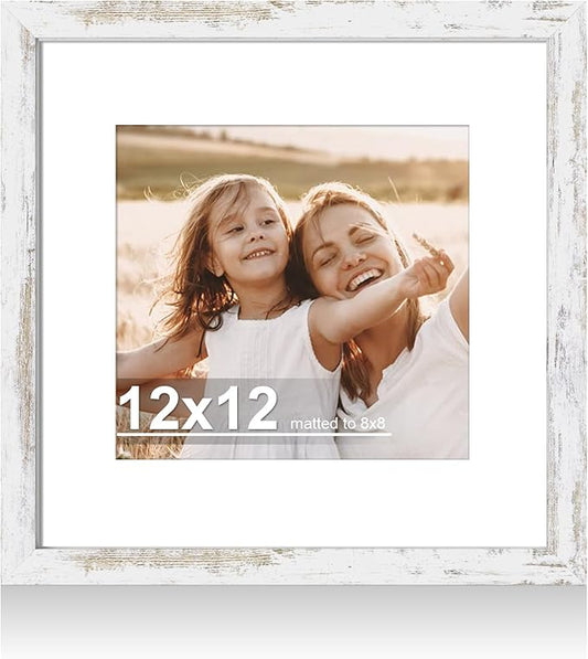 12x12 Picture Frame with Real Glass - 8x8 Wooden Frame with Mat, Horizontal and Vertical Display for Wall or Tabletop (Distressed White, 1 Pack)