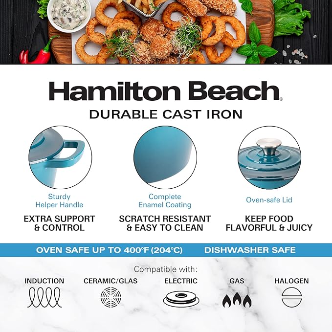 Hamilton Beach Enameled Cast Iron Sauce Pan 2-Quart Navy, Cream Enamel coating, Pot For Stove top and Oven Cooking, Even Heat Distribution, Safe Up to 400 Degrees, Durable