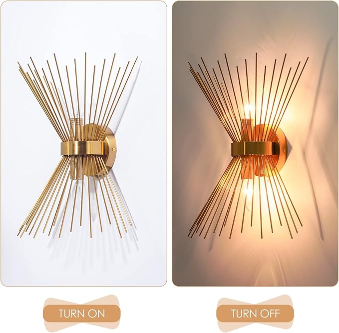 VILUXY Mid-Century Plug in Wall Sconces Antique Brass Brush Paint Finish with Starburst Shade and ON/Off Switch Cord for Bedside, Bedroom, Hallway, Entryway, Passway, Vanity 2 Pack