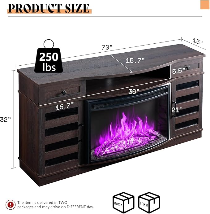 AMERLIFE 70" Farmhouse Fireplace TV Stand with 36'' Curved Electric Fireplace, LED Media Console with 2 Drawers & Adjustable Shelves, Fits 80'' TVs, Espresso