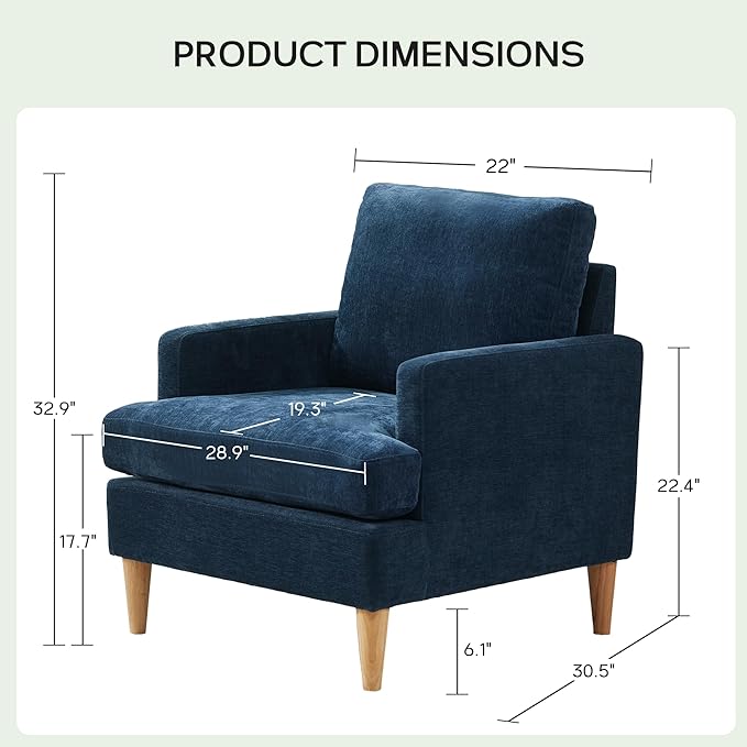 VKNOW Mid-Century Accent Chairs Set of 2, Modern Upholstered Chenille Armchair for Living Room,Comfy Reading Accent Chairs with Wood Legs for Bedroom, Navy Blue