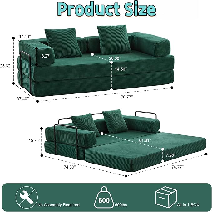 Convertible Sofa Bed, Compression Futon Sofa with Pillows & Armrest, Foldable Mattress Couch with Fixed-Shape Frame, Comfy Couch Lounge Sleeper Bed for Living Room Bedroom, Green