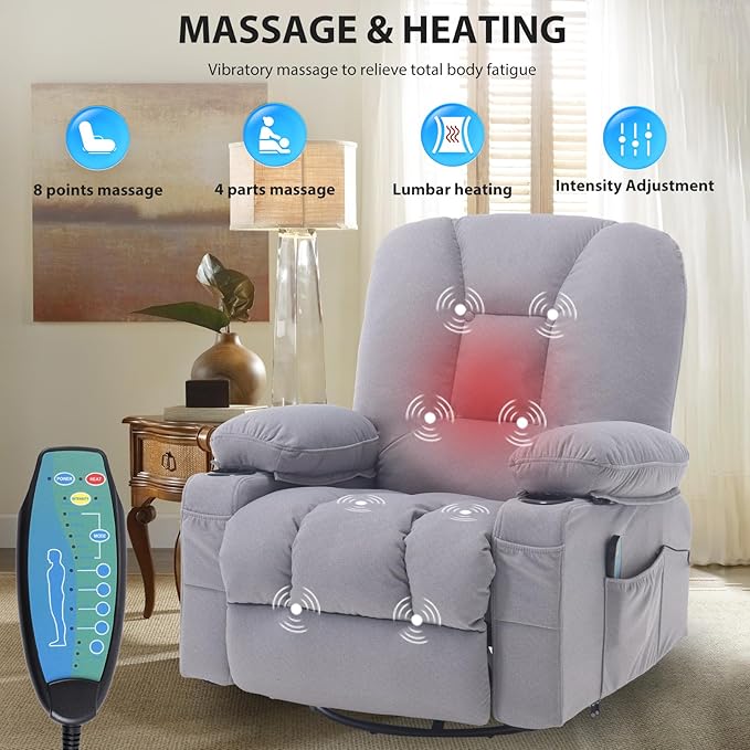 Massage Recliner Chair with Heat for Adults,Overstuffed Rocker Recliners Swivel Glider with Cup Holder Side Pocket, Manual Reclining Fabric Sofa Chair for Living Room