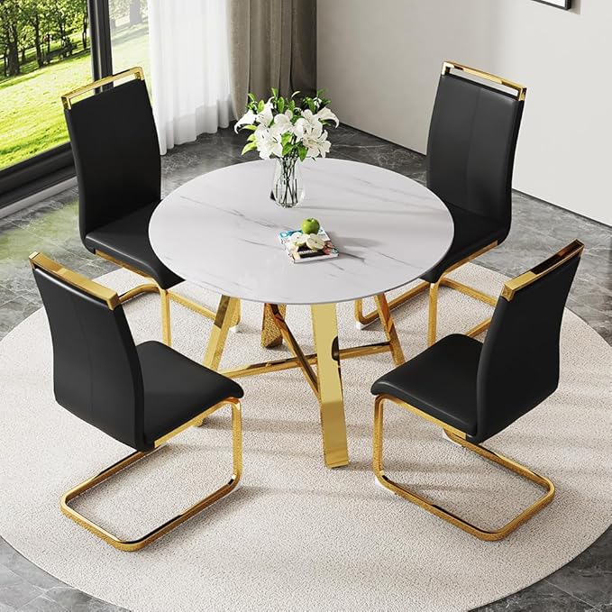 Modern Round Dining Table Set for 4-5 Piece White Faux Marble Table with PU Leather Chairs for Kitchen, Office, Small Spaces