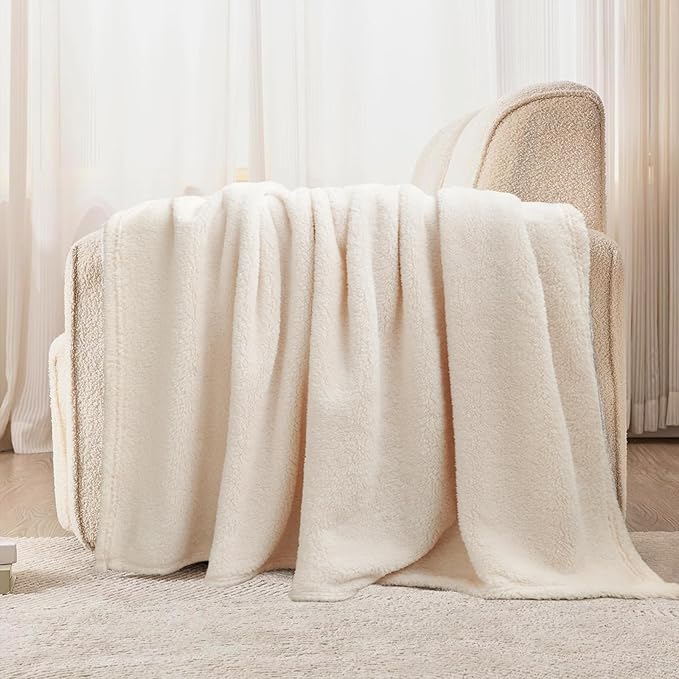 Sherpa Throw Blanket for Bed, Super Soft Cozy Fuzzy Plush Blankets for Winter, Reversible Thick Warm Blanket for Bed, Couch, Living Room, White, Throw Size 50"x 60"