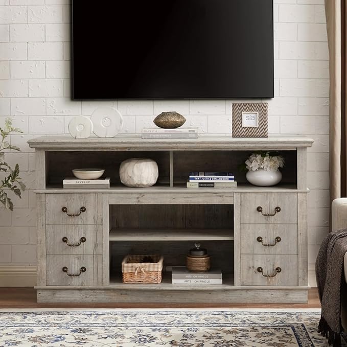 HMFULE 60" Entertainment Center for 60 65 Inch Television, TV Stand with Storage 2 Cabinets & 2 Doors & Adjustable Shelves, Modern TV Console, Rustic Farmhouse Living Room Furniture (Light Gray)