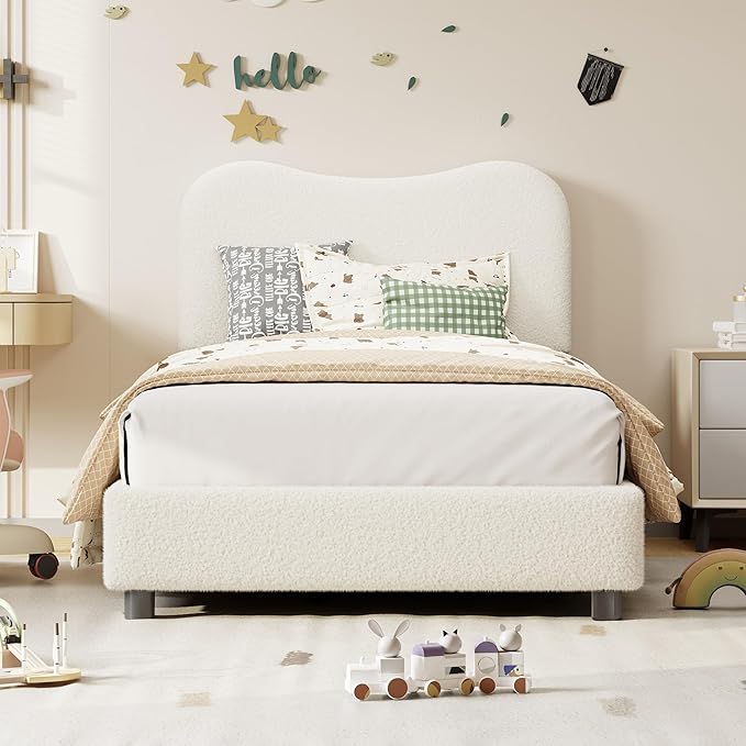 GarveeHome Twin Bed Frame for Kids with Velvet Upholstered Headboard, Cute Low Profile Platform Bed for Girls and Boys, No Box Spring Needed, Strong Wooden Slats, Noise Free, Easy Assembly, Beige