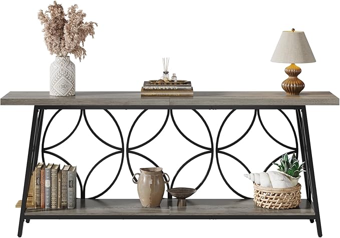 70.9-Inch Sofa Table, 2-Tier Narrow Console Table with Storage for Entryway, Living Room, Hallway, Foryer, Geometric Pattern Design (Grey)