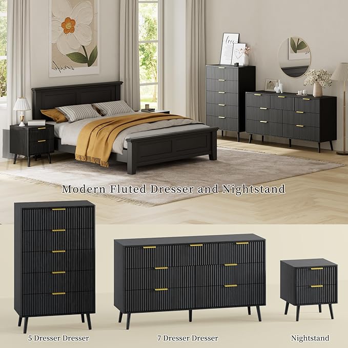 LYNSOM 55" Wide Fluted Dresser for Bedroom with 7 Drawer, Modern Chest of Drawers with Curved Profile Design and Metal Handles, Wood Dresser TV Stand & Storage Organizer for Living Room, Black