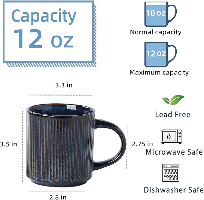 Coffee Mugs Set of 4, 12 OZ Ceramic Coffee Mugs with Handle, Vertical Stripes Coffee Cups Set for Latte/Tea/Cocoa/Milk, Microwave and Diahwasher Safe (Star Blue)