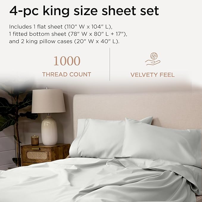 Threadmill Luxury Supima Cotton Sheets, 1000 Thread Count Soft 100% Cotton Hotel Quality King Bed Sheet Set, 4 Pc Light Grey