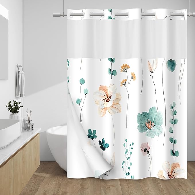 No Hook Shower Curtain with Snap in Liner - Floral Shower Curtain - Fabric Waterproof Inner Liner, Plants Watercolor Teal Flower Modern Cloth Shower Curtains - Machine Washable, 71 x 74