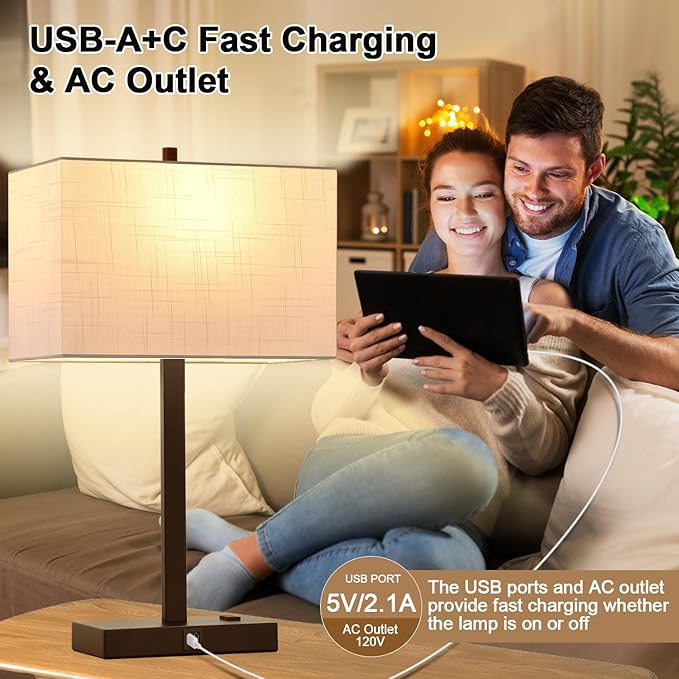 21" Touch Bedside lamps with 2 USB & AC Outlets, 3-Way Dimmable Bedside Table Lamps Set of 2 for Bedroom Living Room Office Reading, White Shade Lamps for Night Stands, 2700K LED Bulbs Included