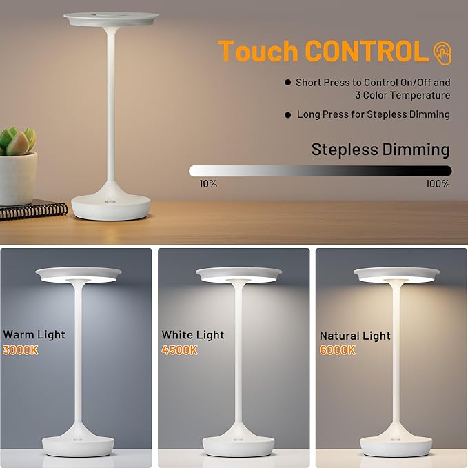 YHT Cordless Rechargeable Table Lamps, Portable 6000mAh Battery Desk Lamp Waterproof 3 Color Stepless Dimming LED Table Light with Memory Function for Outdoor/Dinning/Patio/Restaurant (White 1Pack)