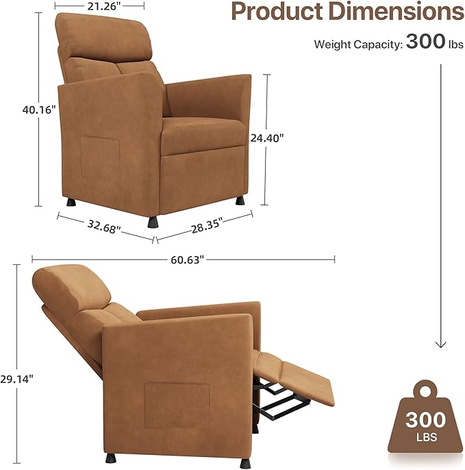 Claiks Power Recliner Chair for Adults, Adjustable Reclining Chair, Comfortable Recliner Couch with Side Pockets&Wire Remote Control, for Living Room, Home Theater, Bedroom, Linen Fabric, Orange