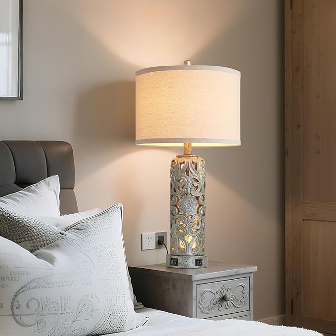 25'' Set of 2 Industrial Table Lamps for Living Room with Dual USB Ports, Vintage Resin Nightstand Lamp for Bedroom with Nightlight, Antique Rustic Desk Lamp for Entryway, 2 Bulbs Included