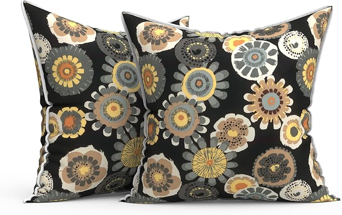 Outdoor Throw Pillow Covers Pack of 2, Decorative Water Repellent Square Pillow Cases 18x18 Inch, Patio Pillowcases for Home Patio Furniture Use, Black Yellow Crosby