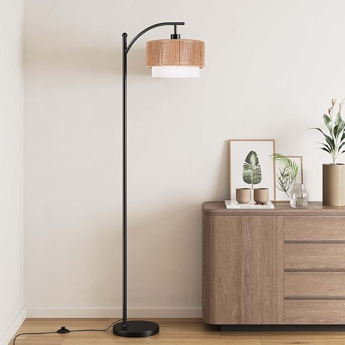 SUNMORY Floor Lamps for Living Room with 12W LED Bulb, Arc Floor Lamp with 3 Color Temperatures, Farmhouse Floor Lamps with Adjustable Rattan & Fabric Shades, Boho Standing Lamp for Bedroom, Corner