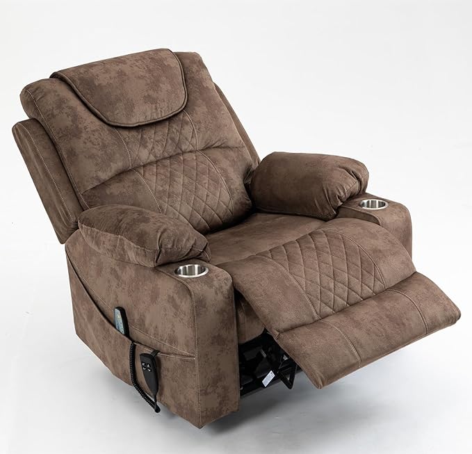Recliner Lift Chairs for Elderly, 180 Degrees Lay Flat Recliner Chair with Heat and Massage and Cup Holder for Adults 400 lb Capacity (Brown Velvet)