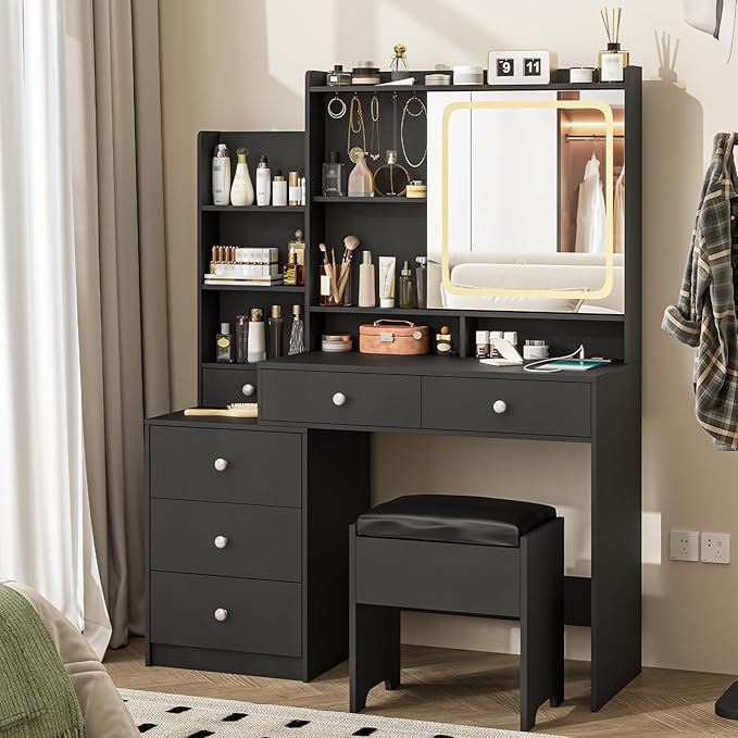 Vabches Makeup Vanity with LED Lights Mirror and Charging Station, Vanity Desk with Multiple Shelves and Drawers, Makeup Desk with Stool, Dressing Desk with 3 LED Light Models for Bedroom, Black