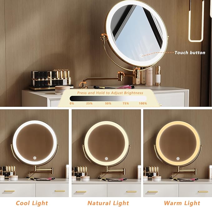 Vanity Desk with Adjustable Mirror and Lights, Makeup Desk with Drawers and Chair, Dressing Table Set with Leather Surface, Small Vanity Table for Bedroom, 3 Lighting Modes (Beige)