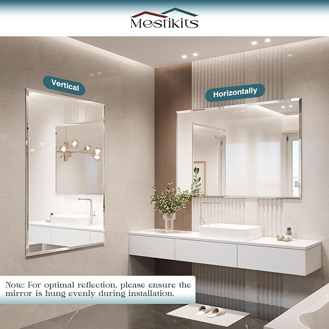 Bathroom Mirrors for Wall Beveled, 48"x30" Frameless Bathroom Mirror, Wall Mount Vanity Mirror for Bedroom Entryway Living Room Hangs Horizontally or Vertically