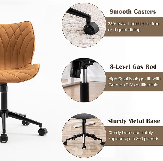 YOUNUOKE Armless Desk Chair Comfy Office Chair with Wheels Home Ergonomic Task Chair Adjustable Computer Chairs Modern Faux Leather Swivel Chair Upholstered Makeup Vanity Chair with Back(Camel)