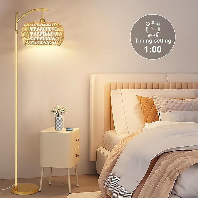 Gold Floor Lamp for Living Room with 3 Color Temperatures,Arc Boho Floor Lamps with Remote Control, Rattan Standing Lamp with Wicker Lamp Shades Dimmable Tall Floor Lamp For Bedroom Living Room Corner