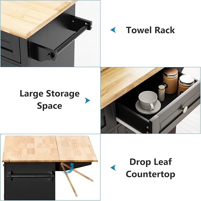 Rolling Kitchen Island with Drop Leaf – Movable Kitchen Carts on Wheels Island with Storage Cabinet, Island Table for Kitchen with Rubber Wood Top and Rack and Drawer, Matte, Black