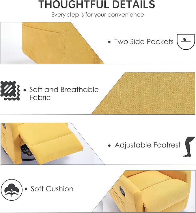 360° Swivel Recliner Chairs for Small Spaces, A Recliner with Side Pockets, Small Rocker Recliner for Living Room, Bedroom, Orange-Yellow Recliner Chair for Adults