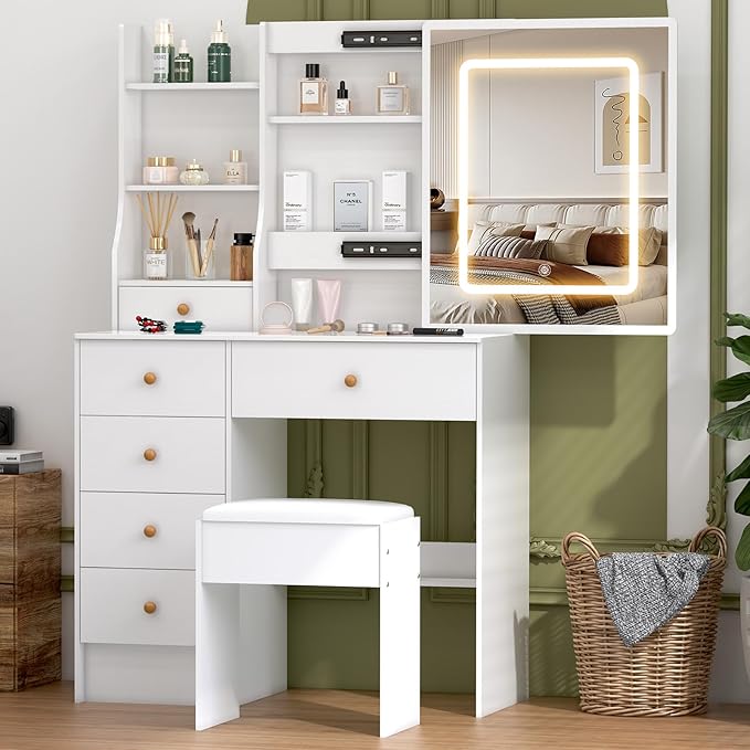 Vanity Desk with Sliding Mirror and LED Lights, Small Makeup Vanity Table Set with Chair and Drawers, White Vanity with Lighted Mirror for Bedroom, Dressing Table for Teen Girls and Women