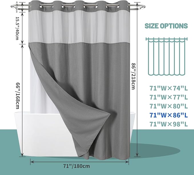 Grey Extra Long No Hook Waffle Weave Shower Curtain with snap-in Liner Replacement, 230GSM Waterproof Fabric Hotel Shower Curtain Set for Bathroom, Through Mesh Top Window,71Wx86H