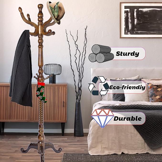 73 in Wood Coat Rack, Coat Rack Freestanding with Stable Round Base, Adjustable Height Tree Coat Racks Stand for Home Bedroom Office Hallway Entryway (Triangular Antique)