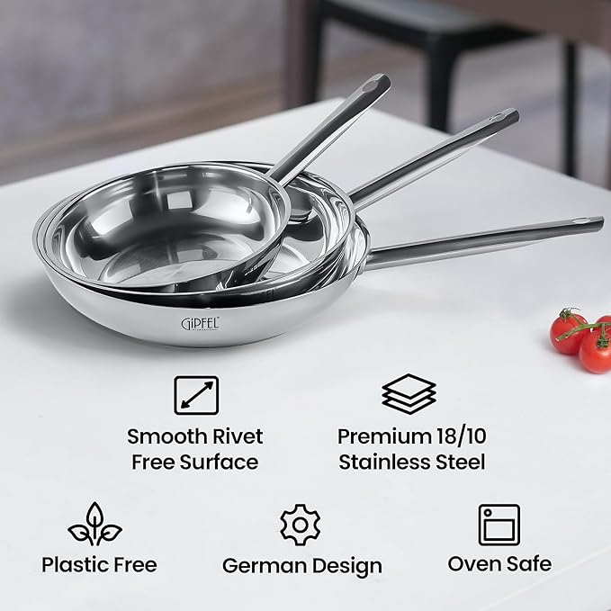 3 Piece Stainless Steel Frying Pan Set 8, 10, 12 Inch - Tri Ply Stainless Steel Skillet Healthy Cookware - Fry Pans for Induction Gas Electric Ceramic Stove & Oven Safe