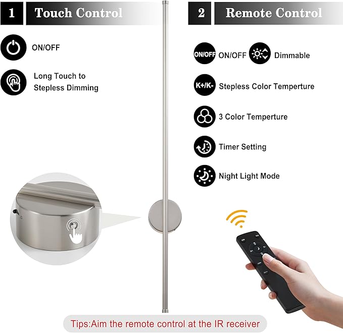 Battery Operated Modern Wall Sconces, Dimmable Wireless Wall Light Set of Two with Remote Control, 3 Color Temperatures, Rechargeable LED Wall Sconce for Bedroom, Living Room,Hallway, 39.3 Inch Nickel