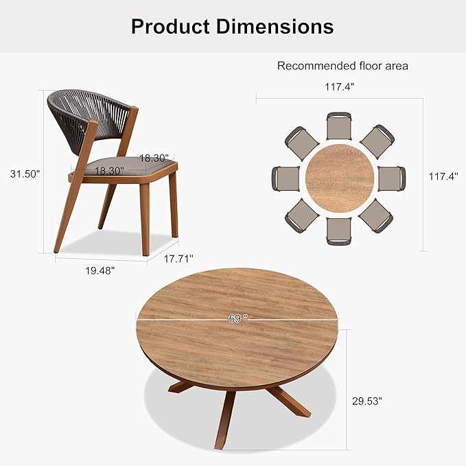 PURPLE LEAF 9 Pieces Round Outdoor Dining Set Large Outdoor Dining Table and Chairs Aluminum Wicker Rattan Patio Furniture Set for Lawn Porch Deck Brown