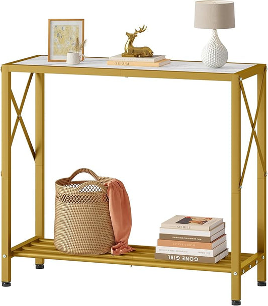 Tajsoon Entryway Table, 2-Tier Small Consle Table for Entryway, Narrow Sofa Table with Shelves, Entrace Table for Hallway, Living Room, Corridor, Office, Gold & White