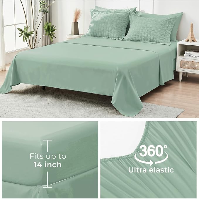 HYMOKEGE Sage Green King Size Comforter Set Seersucker 7 Pieces, All Season Luxury Bed in a Bag for Bedroom, Bedding Set with Comforters, Sheets, Pillowcases & Shams