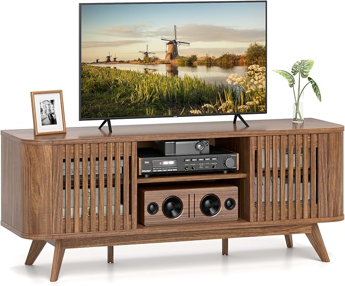 Giantex Fluted TV Stand for TVs up to 60", Mid Century Modern Entertainment Center w/Storage, 2-Door TV Cabinet w/Adjustable Shelves, Media Console Table for Living Room, Bedroom, Walnut