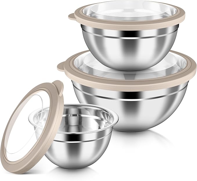 HaWare Mixing Bowls with Airtight Clear Lids, 6-Piece Stainless Steel Strong Nesting Bowls Set, Metal Salad Bowl for Cooking, Prepping, Baking, Serving & Food Storage, Size 4.6, 3, 1.5QT, Khaki