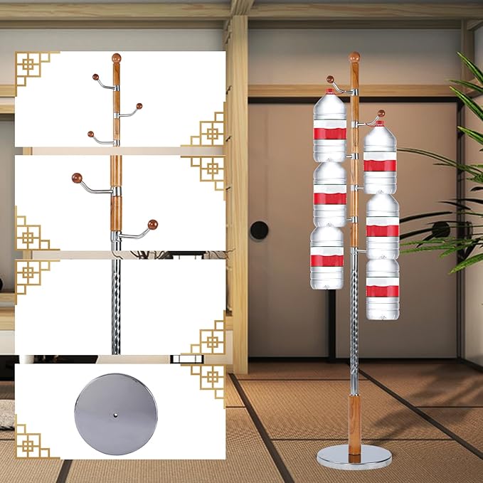 Coat Rack Freestanding, Wooden Tree Coat Rack Stand with 3 Adjustable Sizes Coat Tree and 14 Hooks, Sturdy Hall Tree with Solid Round Base for Entryway, Hallway,Bedroom (Solid Wood Metal Hook)