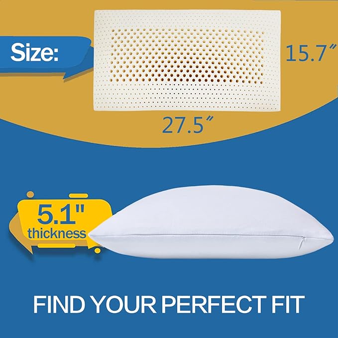 100% Natural Premium Latex Pillow, Bed Pillow with Removable Cotton Cover, Firm Queen Size Sleeping Pillow, Helps Relieve Pain and Pressure, Suitable for Side Back or Stomach Sleepers