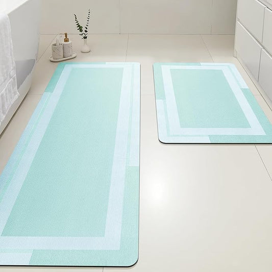 Ultra Thin Bath Mats Fit Under Door 2 piece, Upgrade Backing Non Slip Bath Mat, Quick Dry absorbent Bath Mat, Machine Washable Bathroom Rug for Bathroom, Bathtub, Kitchen, Sage Green, 24"x17"+48"x20"